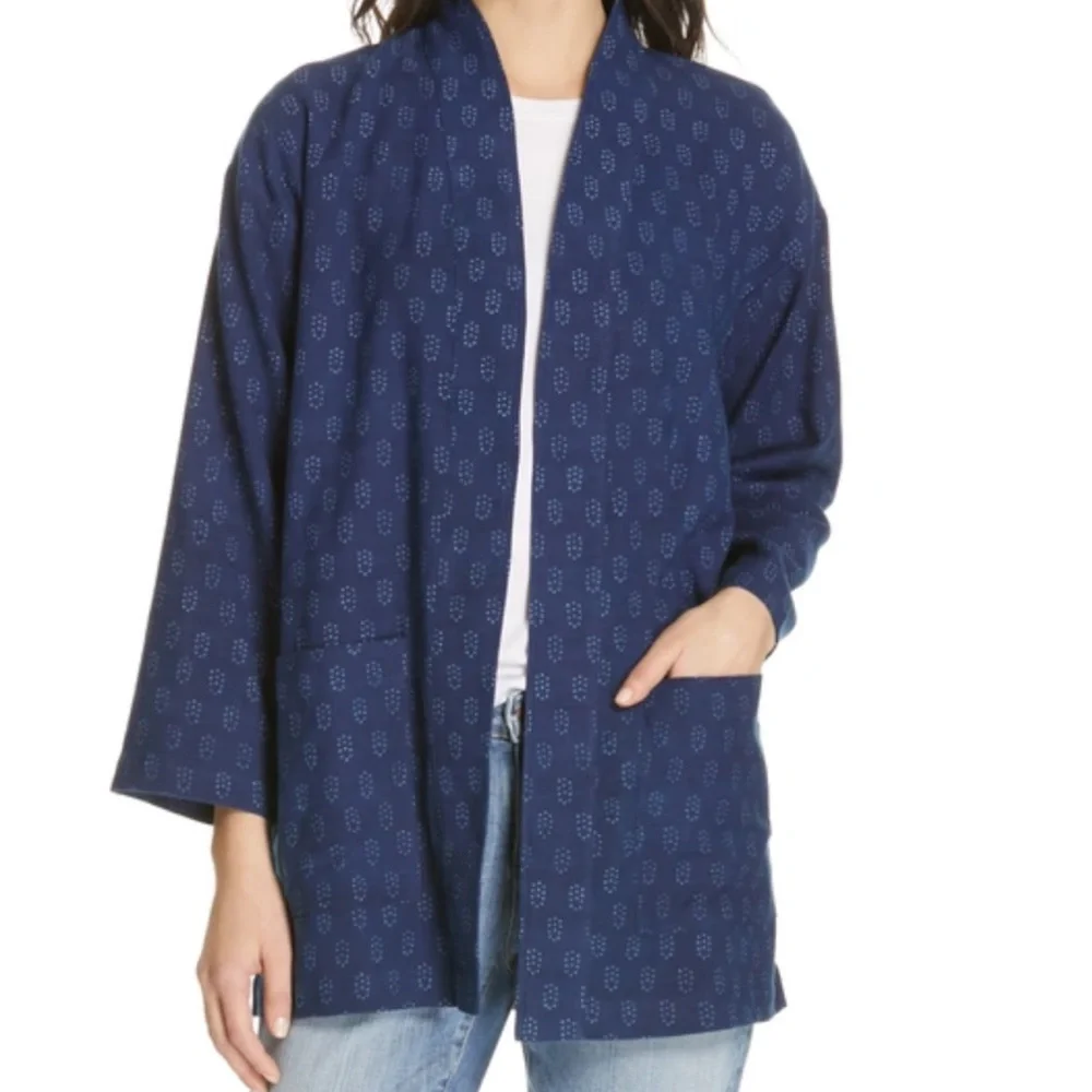 Eileen Fisher block print blue kimono style 100 percent organic cotton jacket?